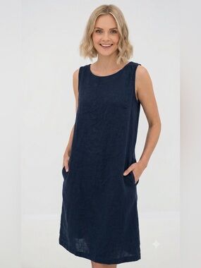 LeMuse 100% Linen Sleeveless Navy Dress Lagenlook Resortwear , Small
